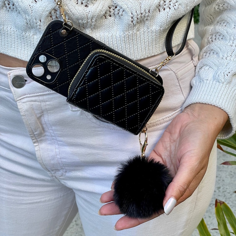 Black Leather Crossbody iPhone Case for 12/13/14/15/16 - Pro, Max, Plus
